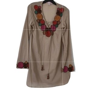 Monique Leshman Medium Tan Geometric Beaded Semi-Sheer Tunic
